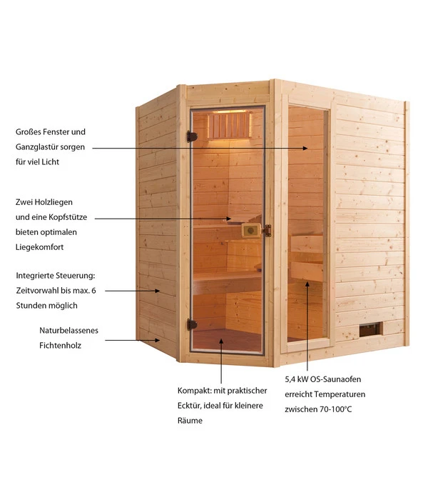 Weka Ecksauna Valida Mit Glastür Und Fenster Inkl. Ofen, Ca. B189/H203,5/T139 Cm 5 Weka Ecksauna Valida Mit Glastür Und Fenster Inkl. Ofen, Ca. B189/H203,5/T139 Cm – Bild 3